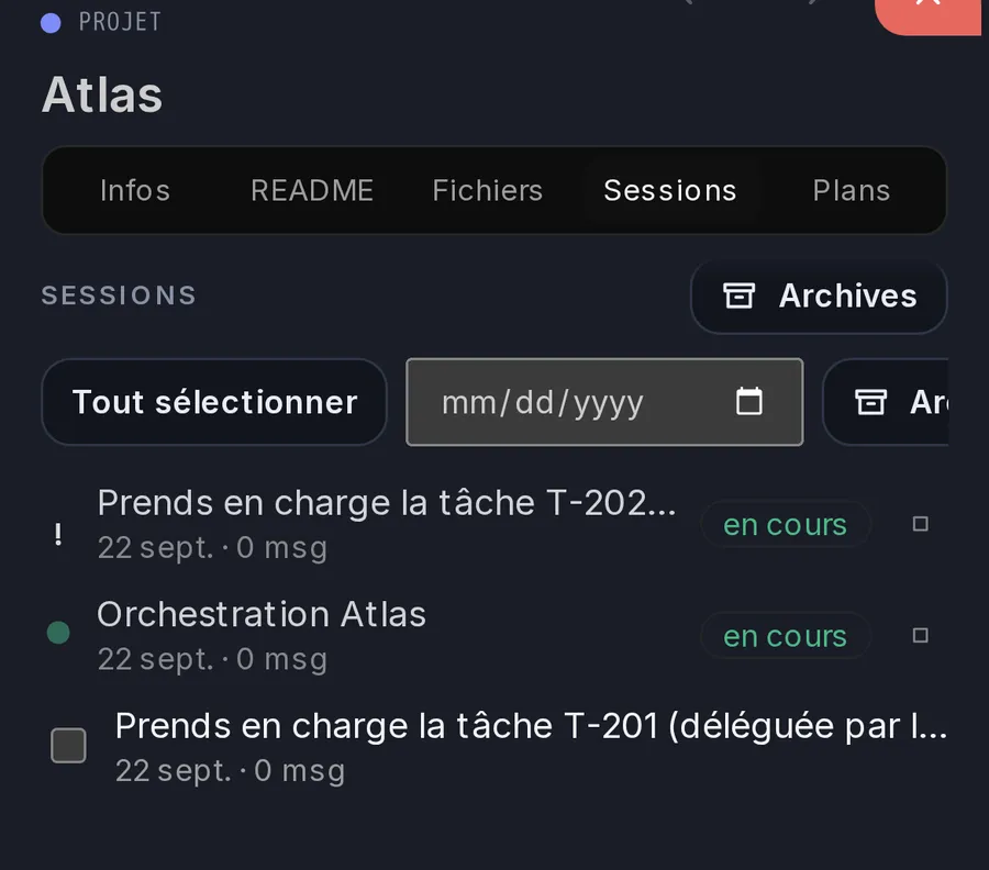 Panneau des sessions d'un projet Ada : une session maître « Orchestration Atlas » en cours, une session déléguée en attente de validation, une autre déléguée terminée