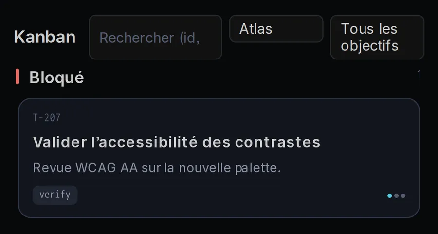 Tableau kanban d'un projet Ada : une carte de tâche dans la colonne « Bloqué », avec la barre de recherche et de filtres au-dessus