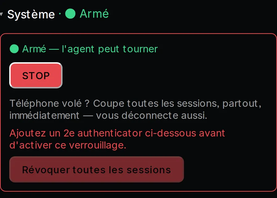 Bouton kill-switch rouge dans l'interface Ada, coupant immédiatement toute activité IA en cours